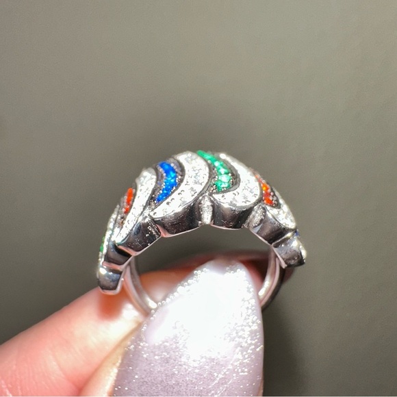 Patriotic Lab Ruby, Sapphire, Emerald, and Diamond Gemstone Wave Ring size 5 - Picture 4 of 5